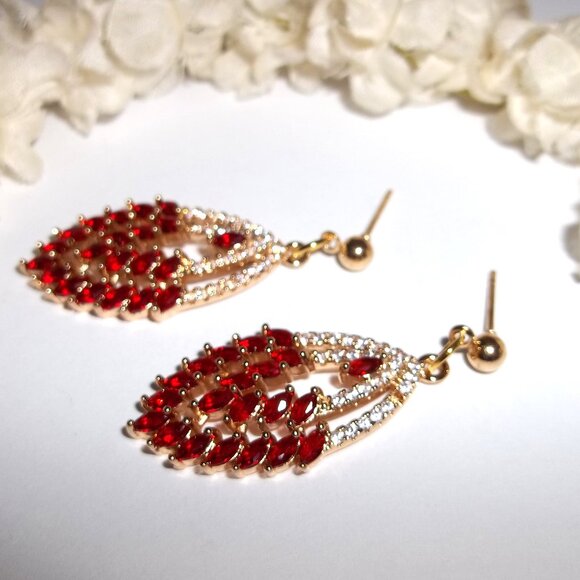 Faux Ruby and Diamond Earrings Gold Red White Sparkle Post Set Dangle Drop C897 - Picture 4 of 6
